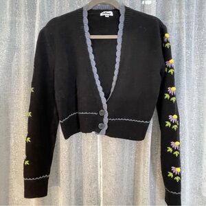 Black Cardigan cropped with Floral Accents size Small